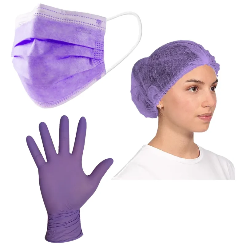 Kit Lila Completo: Tapabocas x50 + Gorro Oruga x50 + Guantes Nitrilo x100 | PROVI